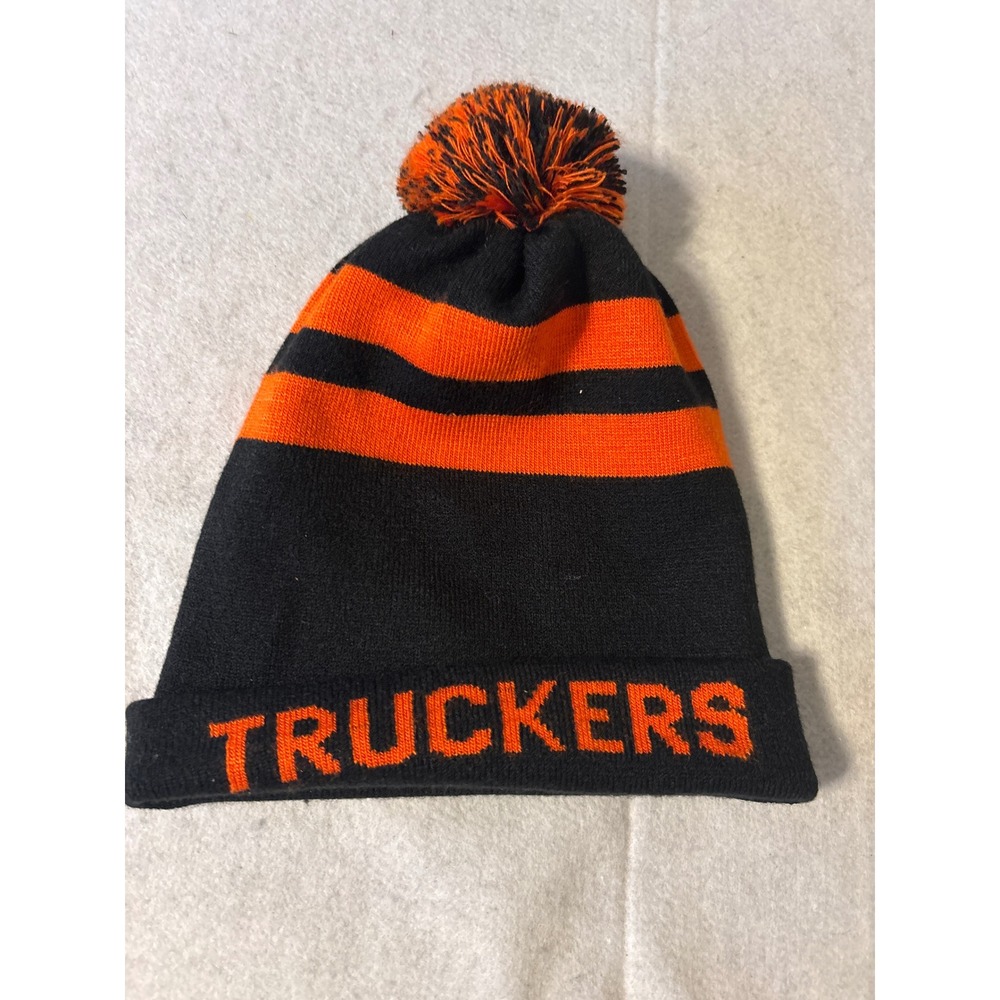 Unbranded Truckers Beanie Hat Mens OS Black Orange Excellent Pom Pom Striped